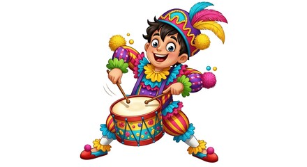 Cartoon boy playing a drum energetically in colorful carnival costume. Rhythmic and festive character on white background.