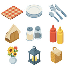 Obraz premium Picnic Icon Set. Isometric Flat icon set of picnic table setting: placemat, plate stack, cutlery set, napkin holder, salt shaker,