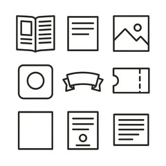 Print Ad Icon Set. Outline icon set of print advertisement elements: magazine layout, headline text, body copy block, product