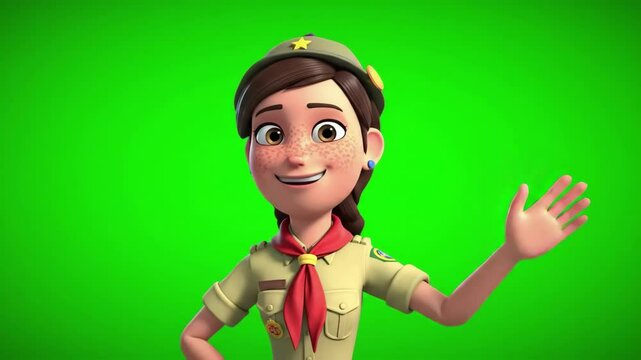 Animated woman scout waving hand on green screen cartoon character greetings