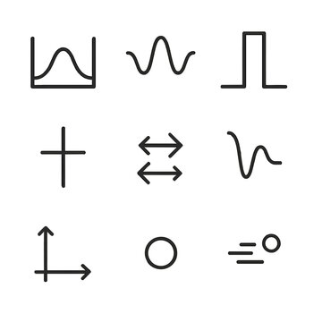 Quantum Barrier Icons. Outline icon set of quantum barrier illustrations: potential hill, wavefunction curve, barrier block,
