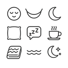 Recovery Icon Set. Outline icon set of recovery and rest: sleeping face, hammock, crescent moon, pillow, &ldquo;zzz&rdquo; bubble, hot tea,