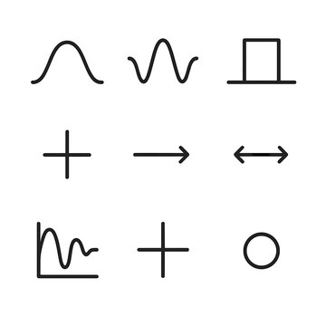 Quantum Barrier Icons. Outline icon set of quantum barrier illustrations: potential hill, wavefunction curve, barrier block,