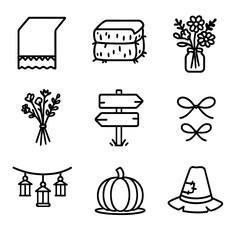Rustic Wedding Icons. Outline icon set of rustic wedding decor: burlap table runner, hay bale seating, mason jar vase, wildflower