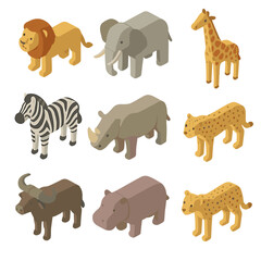 Obraz premium Safari Animal Icons. Isometric Flat icon set of safari animals: lion, elephant, giraffe, zebra, rhinoceros, leopard, buffalo,