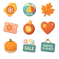Fototapeta premium Seasonal Promotion Icons. Isometric Flat icon set of seasonal promotions: snowflake discount tag, beach ball sale sticker, autumn