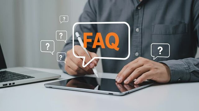 Hands are interacting with a tablet while frequently asked questions appear around. A laptop sits nearby, indicating a technological and informative environment focused on user support