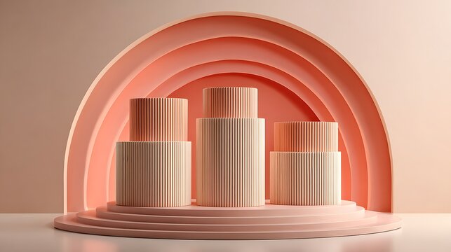 Three tiered cylinder podiums on a matching tiered platform with arched background in a soft color scheme