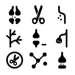 Synaptic Pruning Icons. Solid, Filled icon set of synaptic pruning alteration: synapse icon, scissors, missing connection,
