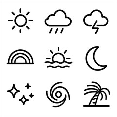 Fototapeta premium Tropical Weather Icons. Outline icon set of tropical weather: sun, rain shower, thundercloud, rainbow, sunset, moon, starry sky,