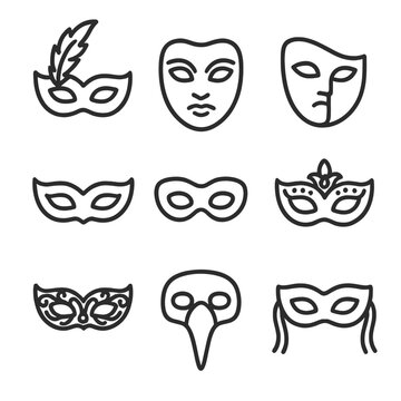 Venetian Mask Icons. Outline icon set of Venetian masquerade masks: feathered mask, metallic mask, half-face mask, eye mask,