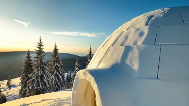 Picturesque snow igloo with snowy mountain and fir tree scenery under a bright blue sky during a sunny winter day in the wilderness