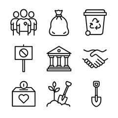Community Activism Icons. Outline icon set of community activism and cleanup: volunteer group, trash bag, recycling bin, cleanup