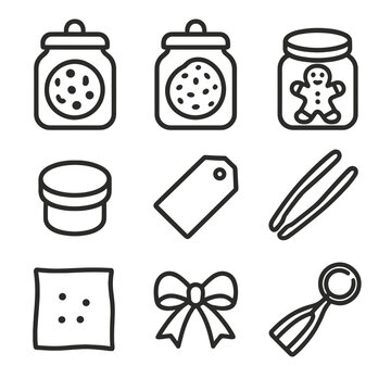 Cookie Jar Icons Display. Outline icon set of cookie glass jars: chocolate chip cookie, oatmeal cookie, gingerbread man, jar lid,
