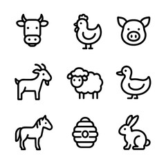 Obraz premium Farm Animal Icons. Outline icon set of farm animals: cow, chicken, pig, goat, sheep, duck, horse, bee hive, rabbit. Line icons