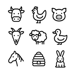 Farm Animal Icons. Outline icon set of farm animals: cow, chicken, pig, goat, sheep, duck, horse, bee hive, rabbit. Line icons