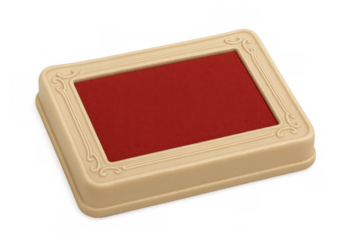 Vintage beige ink pad resting near bright red inkwell, positioned against clean transparent surface for professional stationery needs