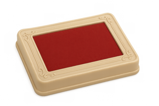 Vintage beige ink pad resting near bright red inkwell, positioned against clean transparent surface for professional stationery needs
