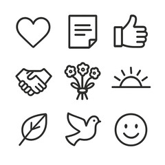 Fototapeta na wymiar Gratitude Icon Set. Outline icon set of gratitude moments: heart, thank you note, thumbs up, handshake, flower bouquet, sunrise,