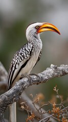 Obraz premium A yellow billed hornbill perched on a branch with a blurred green and gray background in soft lighting