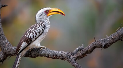 Obraz premium A yellow billed hornbill perched on a branch with a blurred background in a natural setting outdoors