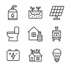 Off-Grid Eco Icons. Outline icon set of off-grid eco pods: biodigester, greywater filter, photovoltaic array, composting toilet,