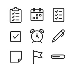 Organizational Icon Set. Outline icon set of organizational checklists: clipboard with checklist, calendar, to-do list, checkbox,