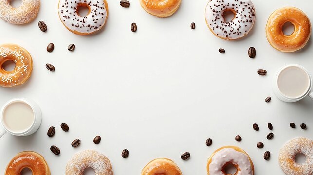 A flat lay showcasing assorted donuts and coffee cups arranged in a border around a white background, interspersed with coffee beans