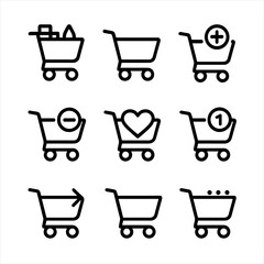 Shopping Cart Icons. Outline icon set of shopping cart actions: full cart, empty cart, add to cart, remove from cart, saved items,