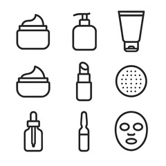 Skincare Icon Set. Outline icon set of skincare softness: moisturizer jar, lotion pump, balm tube, facial cream, lip balm, cotton