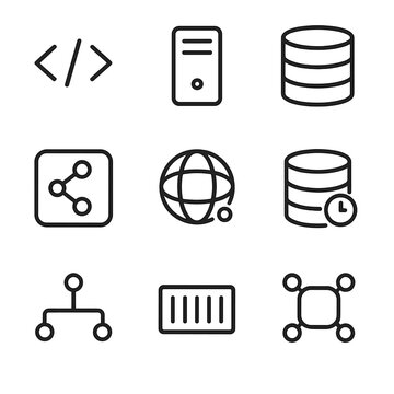 Tech Stack Icons. Outline icon set of tech stack components: frontend framework, backend server, database, API gateway, CDN node,