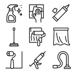 Fototapeta premium Wall Prep Icon Set. Outline icon set of wall preparation steps: cleaning solution spray, degreaser cloth, filler tube, sanding