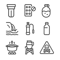 Water Purification Icons. Outline icon set of water procurement and purification: water filter, purification tablets, collapsible