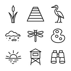 Fototapeta premium Wetland Exploration Icons. Outline icon set of wetland boardwalk path: cattail, boardwalk plank, heron, mud bank, dragonfly, algae