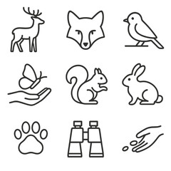 Fototapeta premium Wildlife Icon Set. Outline icon set of wildlife connection moments: deer silhouette, fox face, bird perched, butterfly landing,