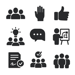 Team Building Icons. Solid, filled icons set of team consensus building: group discussion, hand vote, thumbs