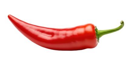 Glossy Red Chili Pepper with Curving Green Stem and Pointed Tip.