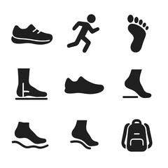 Minimalist Running Icons. Solid, filled icons set of minimalist running style: barefoot shoe, natural stride