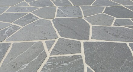 Close-up of a gray stone pavement with irregular shapes, light grout lines, natural textures, sophisticated outdoor setting, high detail and clarity.