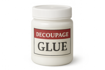 White plastic bottle of decoupage glue with red and beige label, isolated on transparent background