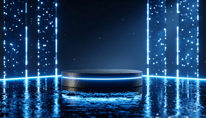 An exhibition space with lighting and a pedestal for the product on the water against a dark background.