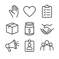 Volunteer Icon Set. Outline icon set of volunteer drive: helping hand, heart icon, clipboard checklist, delivery box, donation jar