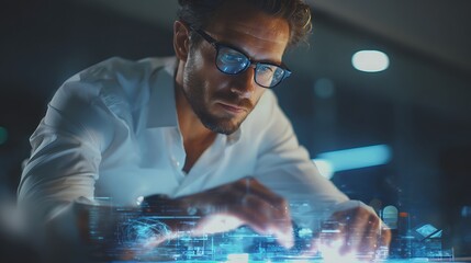 Man Works with Futuristic Technology Interface