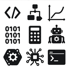 STEM Icons Grid. Solid, filled icons set of coding and STEM tutoring: code brackets, flowchart icon, math
