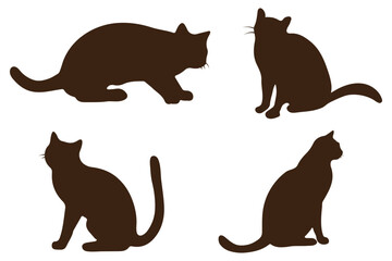 Black cat silhouettes in various poses, isolated on white background. Perfect for logos, decals, apparel design. Elegant, sleek feline figures showcasing minimalist modern art