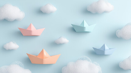 Pastel paper boats sail among fluffy clouds on a blue background; suitable for children's book illustrations, nautical themed designs, and dreamy concepts.