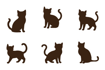 Black cat silhouettes in various poses, isolated on white background. Perfect for logos, decals, apparel design. Elegant, sleek feline figures showcasing minimalist modern art