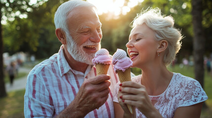 Elderly couple happily eats ice cream cones in the park, cherishing peaceful outdoor moments.