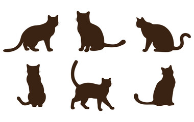 Set of silhouette cats in different poses. Isolated black cat on white background. Vector illustration of elements for design decoration.