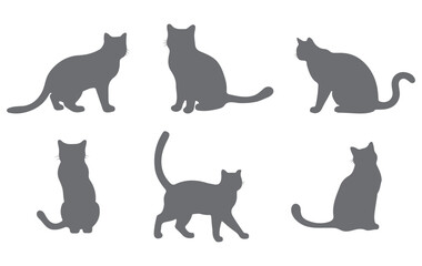 Vector set silhouette of the cat sitting, isolated on white black color cute kitten